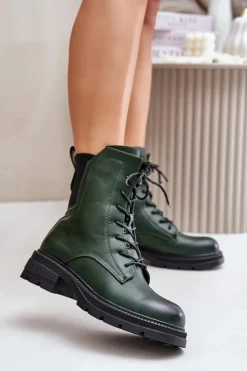 Damskie Boto Ocieplane Botki Workery Na Zamek Zielone Leairae