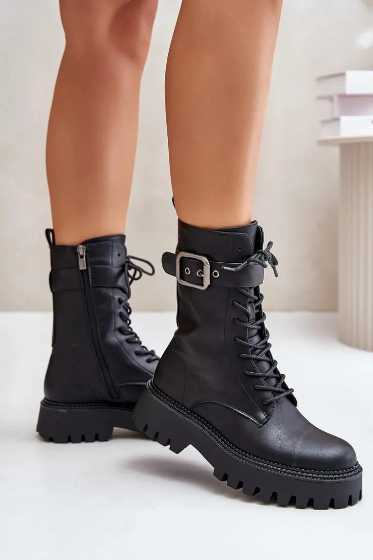 Outlet Big Star Shoes Ocieplane Botki Workery Z Klamrą Big Star OO274137 Czarne