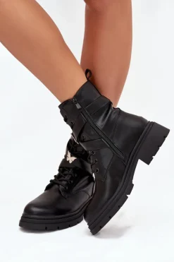 Outlet Boto Ocieplane Botki Workery Z Paskiem I Srebrnymi Przypinkami Czarne Kaelina