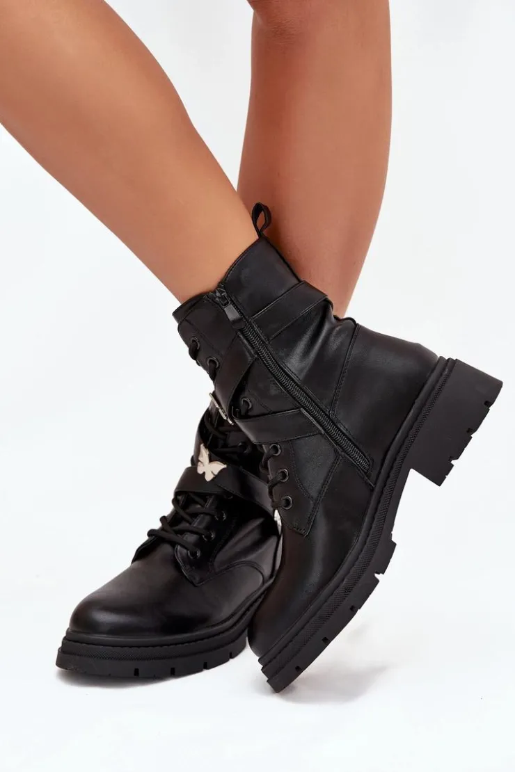 Outlet Boto Ocieplane Botki Workery Z Paskiem I Srebrnymi Przypinkami Czarne Kaelina