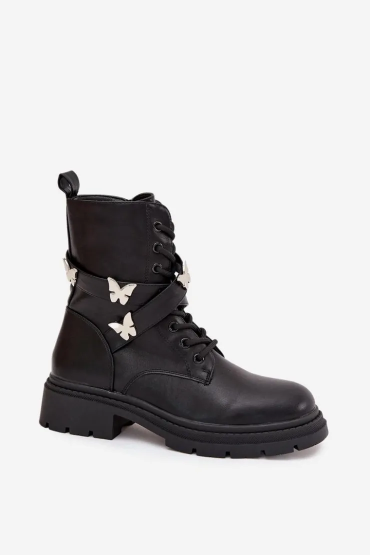 Outlet Boto Ocieplane Botki Workery Z Paskiem I Srebrnymi Przypinkami Czarne Kaelina