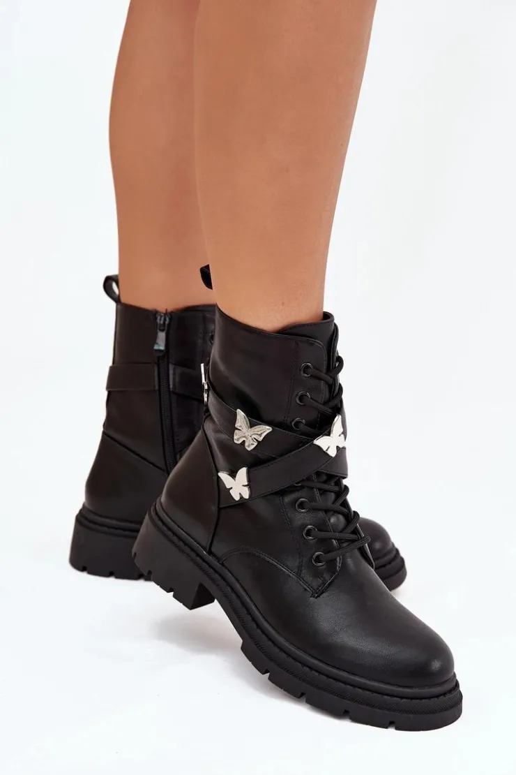Outlet Boto Ocieplane Botki Workery Z Paskiem I Srebrnymi Przypinkami Czarne Kaelina