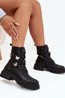 Outlet Boto Ocieplane Botki Workery Z Paskiem I Srebrnymi Przypinkami Czarne Kaelina