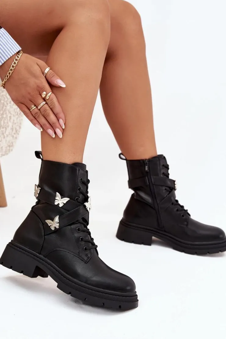 Outlet Boto Ocieplane Botki Workery Z Paskiem I Srebrnymi Przypinkami Czarne Kaelina