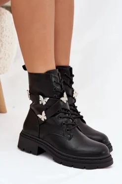 Outlet Boto Ocieplane Botki Workery Z Paskiem I Srebrnymi Przypinkami Czarne Kaelina