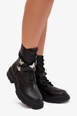 Outlet Boto Ocieplane Botki Workery Z Paskiem I Srebrnymi Przypinkami Czarne Kaelina
