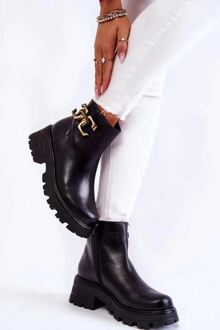 Laura Messi Botki Skórzane|Czarne Botki*Ocieplane Botki Workery Z Ozdobą 2500 Czarne