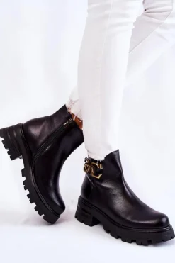 Laura Messi Botki Skórzane|Czarne Botki*Ocieplane Botki Workery Z Ozdobą 2500 Czarne