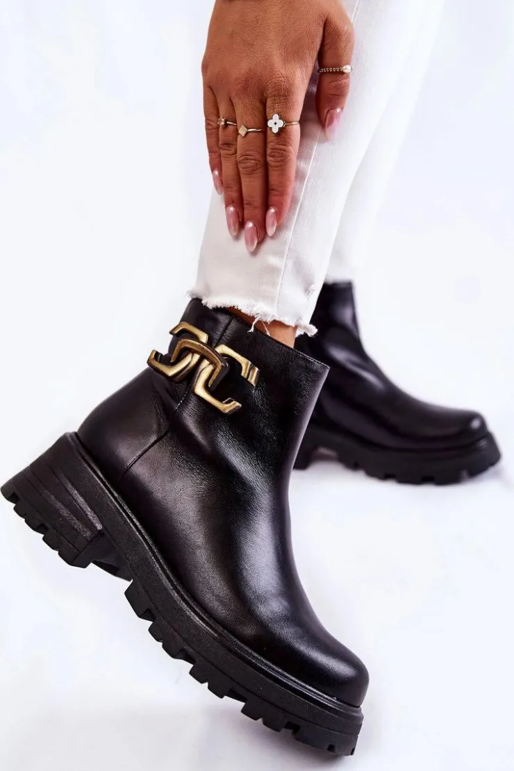 Laura Messi Botki Skórzane|Czarne Botki*Ocieplane Botki Workery Z Ozdobą 2500 Czarne