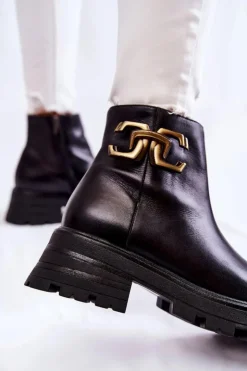 Laura Messi Botki Skórzane|Czarne Botki*Ocieplane Botki Workery Z Ozdobą 2500 Czarne