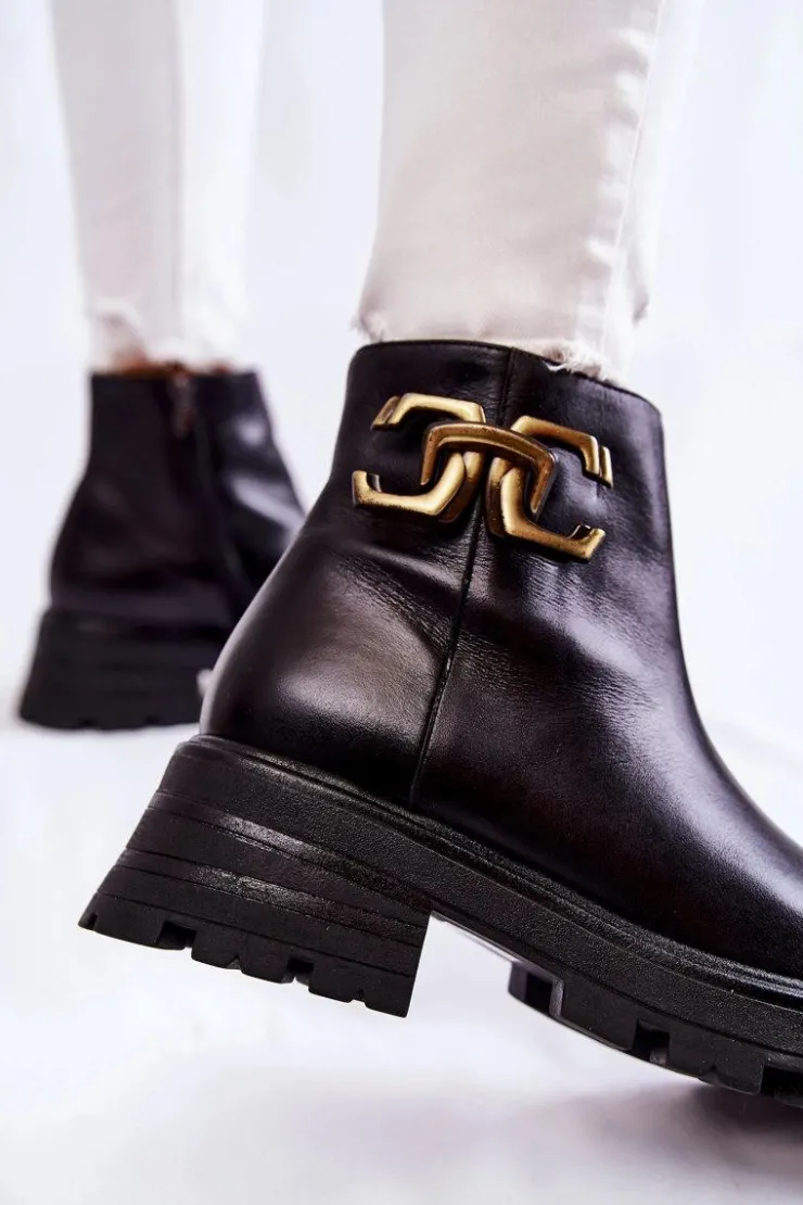 Laura Messi Botki Skórzane|Czarne Botki*Ocieplane Botki Workery Z Ozdobą 2500 Czarne