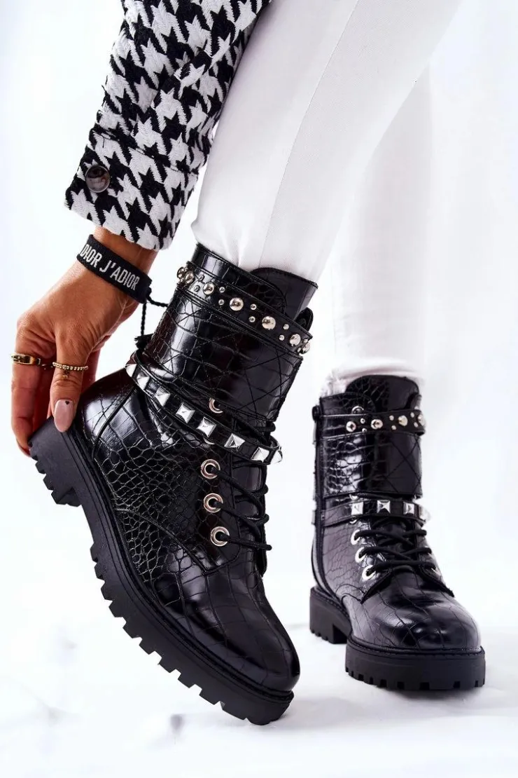 Boto Botki Sznurowane|Czarne Botki*Ocieplane Botki Workery Z Ćwiekami Czarne Nephele