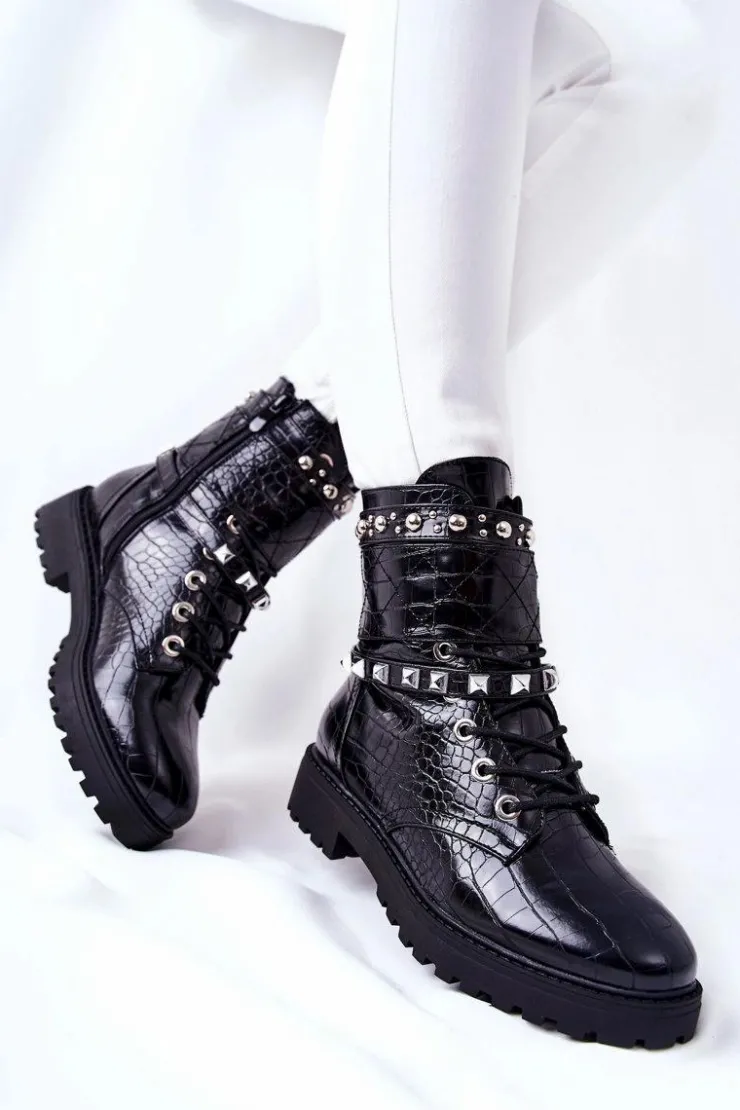 Boto Botki Sznurowane|Czarne Botki*Ocieplane Botki Workery Z Ćwiekami Czarne Nephele