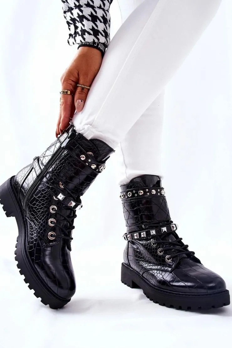 Boto Botki Sznurowane|Czarne Botki*Ocieplane Botki Workery Z Ćwiekami Czarne Nephele