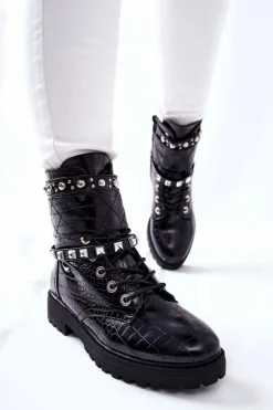 Boto Botki Sznurowane|Czarne Botki*Ocieplane Botki Workery Z Ćwiekami Czarne Nephele