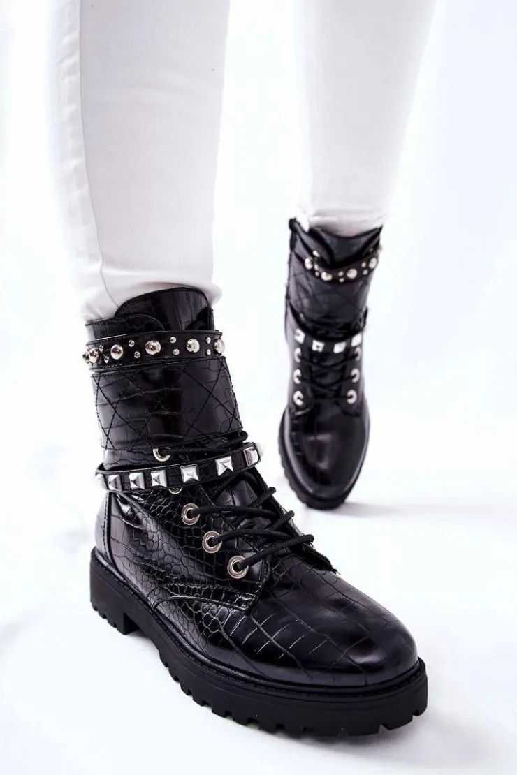 Boto Botki Sznurowane|Czarne Botki*Ocieplane Botki Workery Z Ćwiekami Czarne Nephele