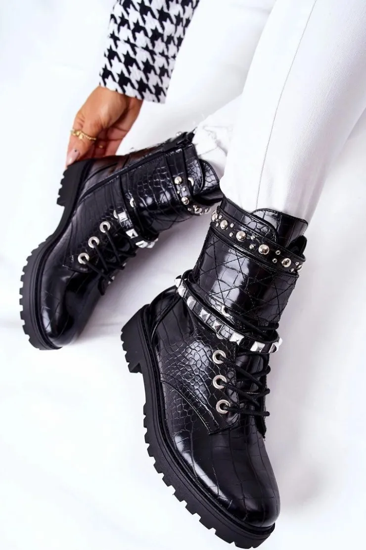 Boto Botki Sznurowane|Czarne Botki*Ocieplane Botki Workery Z Ćwiekami Czarne Nephele