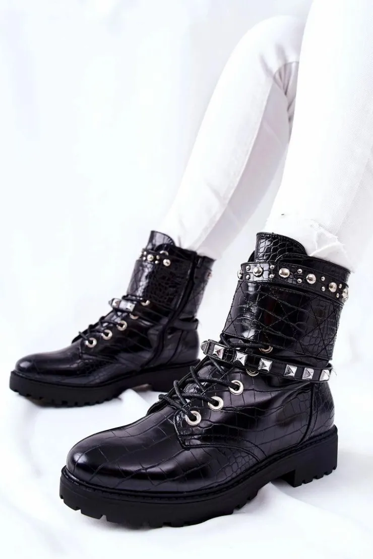 Boto Botki Sznurowane|Czarne Botki*Ocieplane Botki Workery Z Ćwiekami Czarne Nephele