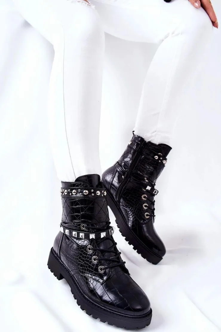 Boto Botki Sznurowane|Czarne Botki*Ocieplane Botki Workery Z Ćwiekami Czarne Nephele