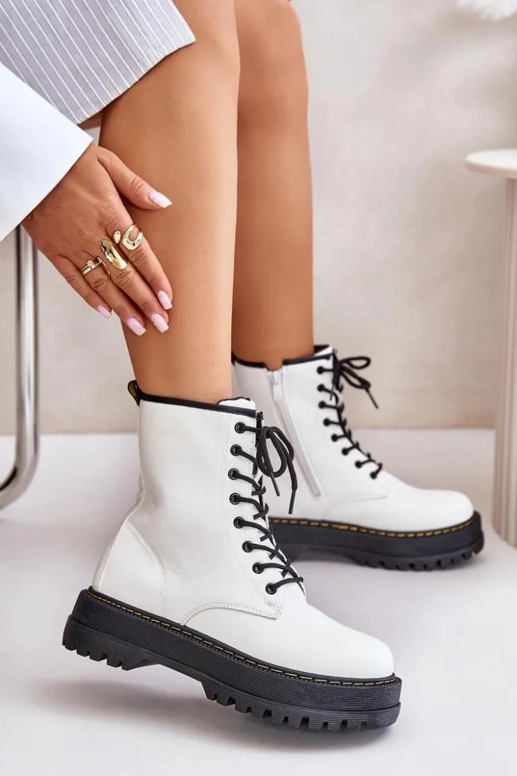 Evento Botki Ocieplane|Botki Sznurowane*Ocieplane Botki Workery z Eko Skóry Na Zamek Białe Naleli Biały