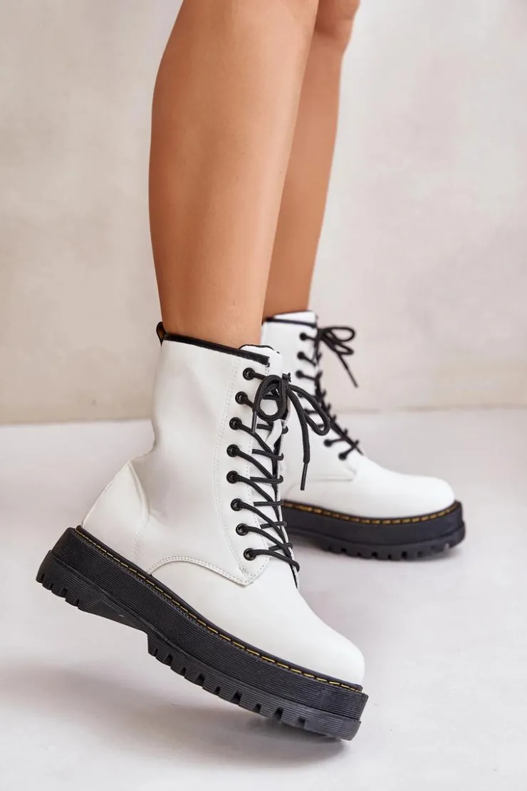 Evento Botki Ocieplane|Botki Sznurowane*Ocieplane Botki Workery z Eko Skóry Na Zamek Białe Naleli Biały