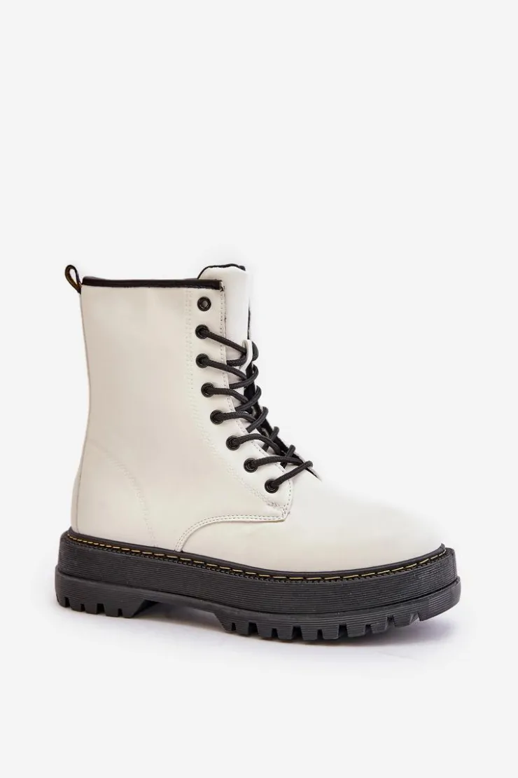 Evento Botki Ocieplane|Botki Sznurowane*Ocieplane Botki Workery z Eko Skóry Na Zamek Białe Naleli Biały