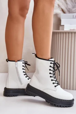 Evento Botki Ocieplane|Botki Sznurowane*Ocieplane Botki Workery z Eko Skóry Na Zamek Białe Naleli Biały