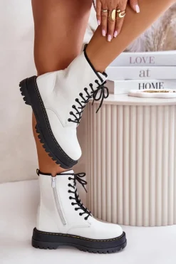 Evento Botki Ocieplane|Botki Sznurowane*Ocieplane Botki Workery z Eko Skóry Na Zamek Białe Naleli Biały