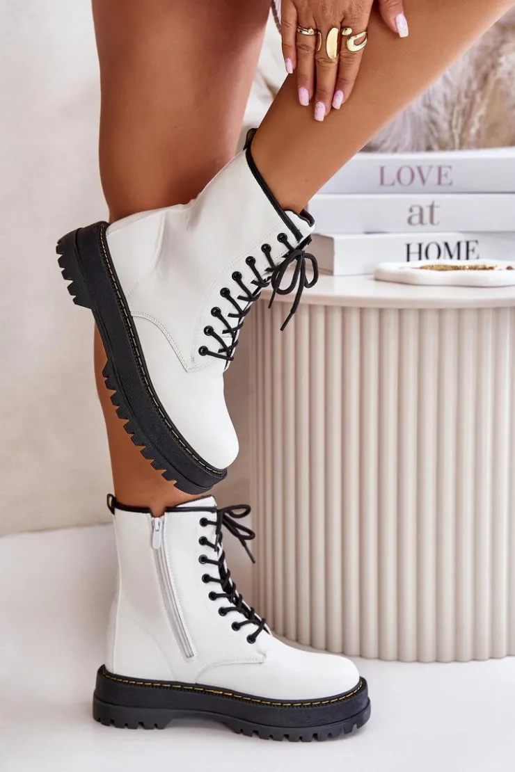 Evento Botki Ocieplane|Botki Sznurowane*Ocieplane Botki Workery z Eko Skóry Na Zamek Białe Naleli Biały