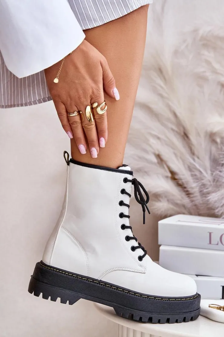 Evento Botki Ocieplane|Botki Sznurowane*Ocieplane Botki Workery z Eko Skóry Na Zamek Białe Naleli Biały