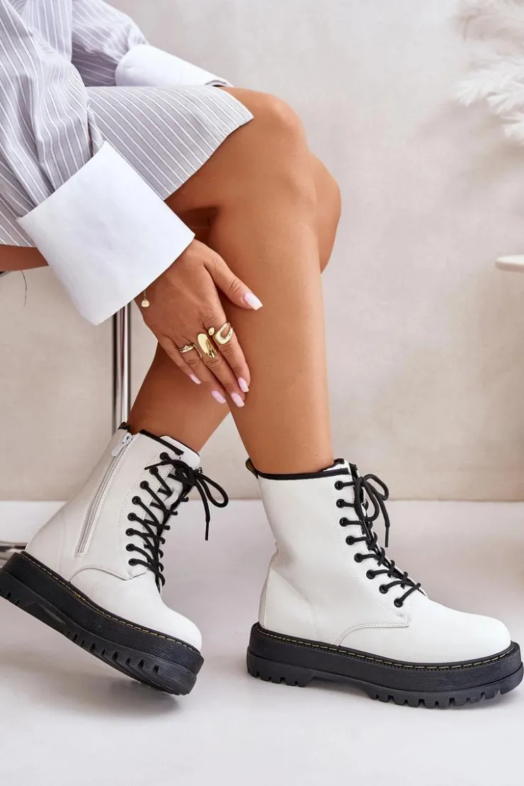 Evento Botki Ocieplane|Botki Sznurowane*Ocieplane Botki Workery z Eko Skóry Na Zamek Białe Naleli Biały