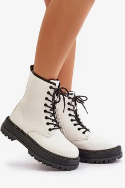 Evento Botki Ocieplane|Botki Sznurowane*Ocieplane Botki Workery z Eko Skóry Na Zamek Białe Naleli Biały