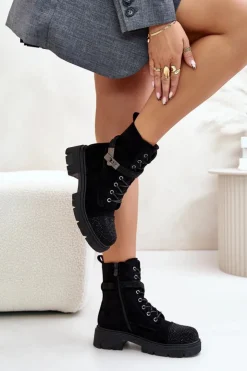 Discount Damskie buty S.Barski Ocieplane Botki Workery Ze Zdobieniem S.Barski HY42-281 Czarne