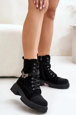 Discount Damskie buty S.Barski Ocieplane Botki Workery Ze Zdobieniem S.Barski HY42-281 Czarne