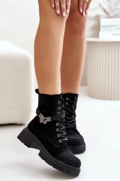 Discount Damskie buty S.Barski Ocieplane Botki Workery Ze Zdobieniem S.Barski HY42-281 Czarne