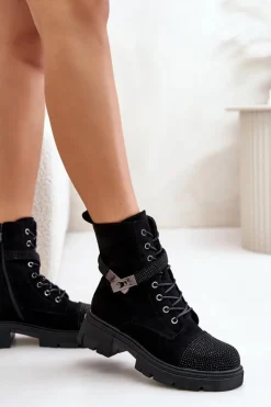 Discount Damskie buty S.Barski Ocieplane Botki Workery Ze Zdobieniem S.Barski HY42-281 Czarne