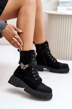 Discount Damskie buty S.Barski Ocieplane Botki Workery Ze Zdobieniem S.Barski HY42-281 Czarne