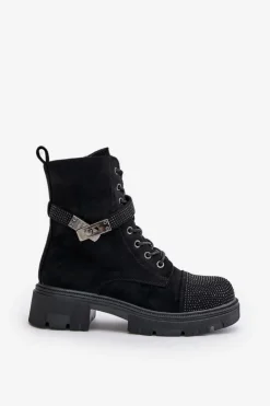 Discount Damskie buty S.Barski Ocieplane Botki Workery Ze Zdobieniem S.Barski HY42-281 Czarne