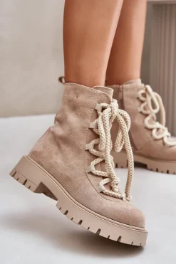 Damskie Boto Ocieplane Botki Z Eko Zamszu Na Zamek Jasnobeżowe Caellita