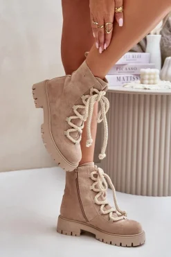Damskie Boto Ocieplane Botki Z Eko Zamszu Na Zamek Jasnobeżowe Caellita