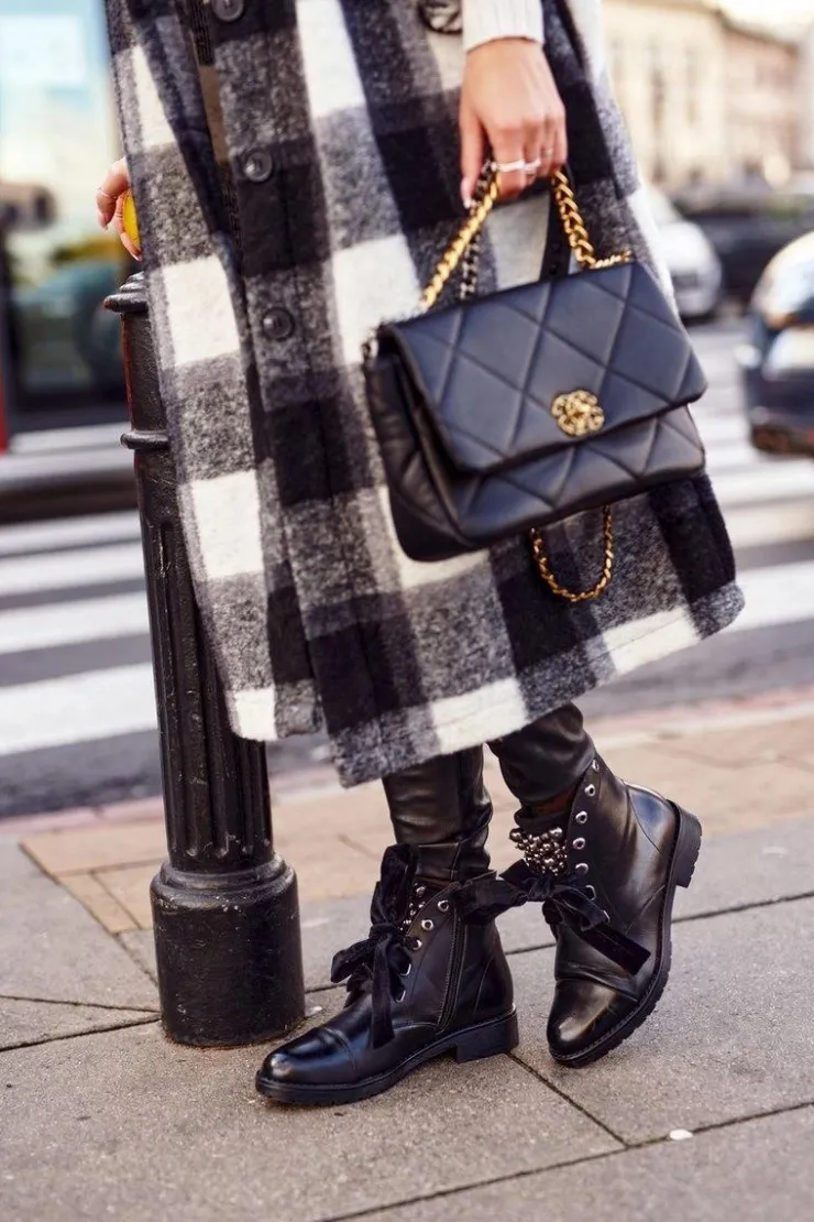 Boto Botki Sznurowane|Czarne Botki*Ocieplane Botki Z Metalowymi Perełkami I Wstążką Czarne Perla