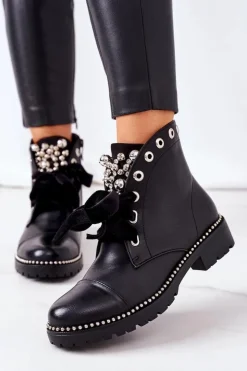 Clearance Boto Ocieplane Botki Z Metalowymi Perełkami, Dżetami I Wstążką Czarne Perla