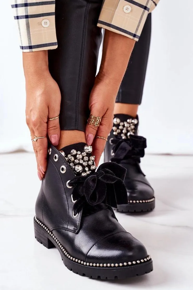 Clearance Boto Ocieplane Botki Z Metalowymi Perełkami, Dżetami I Wstążką Czarne Perla