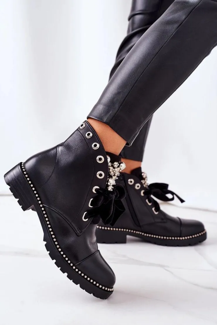 Clearance Boto Ocieplane Botki Z Metalowymi Perełkami, Dżetami I Wstążką Czarne Perla