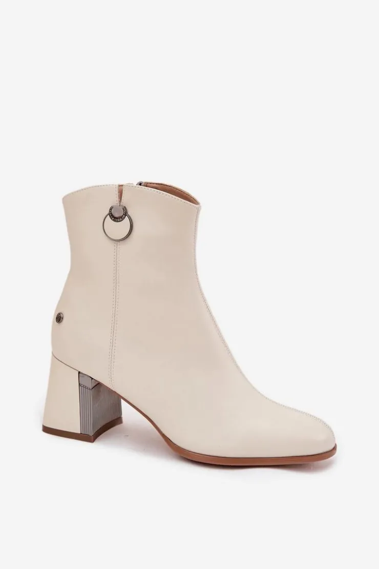 Maciejka Botki Maciejka|Botki Skórzane*Ocieplane Botki Z Naturalnej Skóry Na Słupku K7203-04 Beżowe