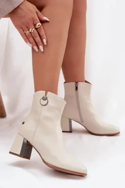 Maciejka Botki Maciejka|Botki Skórzane*Ocieplane Botki Z Naturalnej Skóry Na Słupku K7203-04 Beżowe