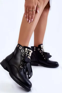 Boto Botki Sznurowane|Czarne Botki*Ocieplane Botki Z Perełkami I Wstążką Czarne Perla