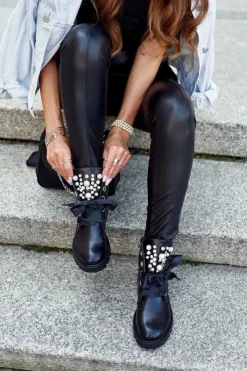 Boto Botki Sznurowane|Czarne Botki*Ocieplane Botki Z Perełkami I Wstążką Czarne Perla