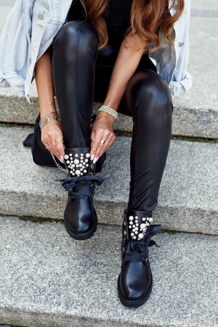 Boto Botki Sznurowane|Czarne Botki*Ocieplane Botki Z Perełkami I Wstążką Czarne Perla