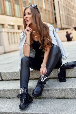 Boto Botki Sznurowane|Czarne Botki*Ocieplane Botki Z Perełkami I Wstążką Czarne Perla